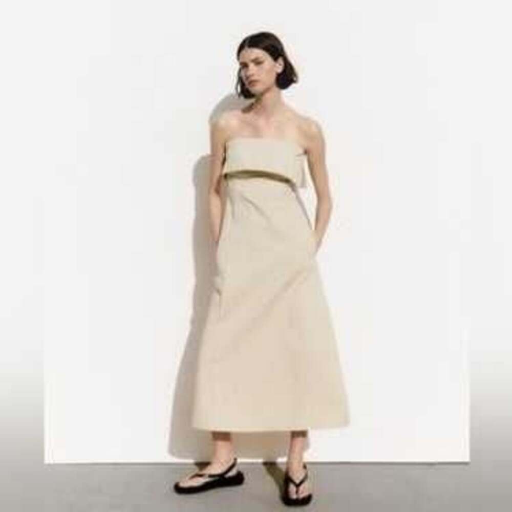 Zara Gabardine Strapless Midi Dress Beige Size M